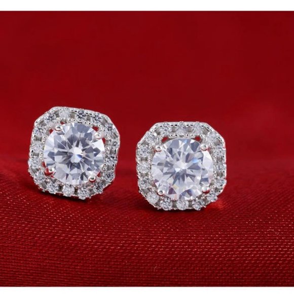 NEW 925 Silver Round Diamond Halo Stud Earrings - Picture 3 of 10